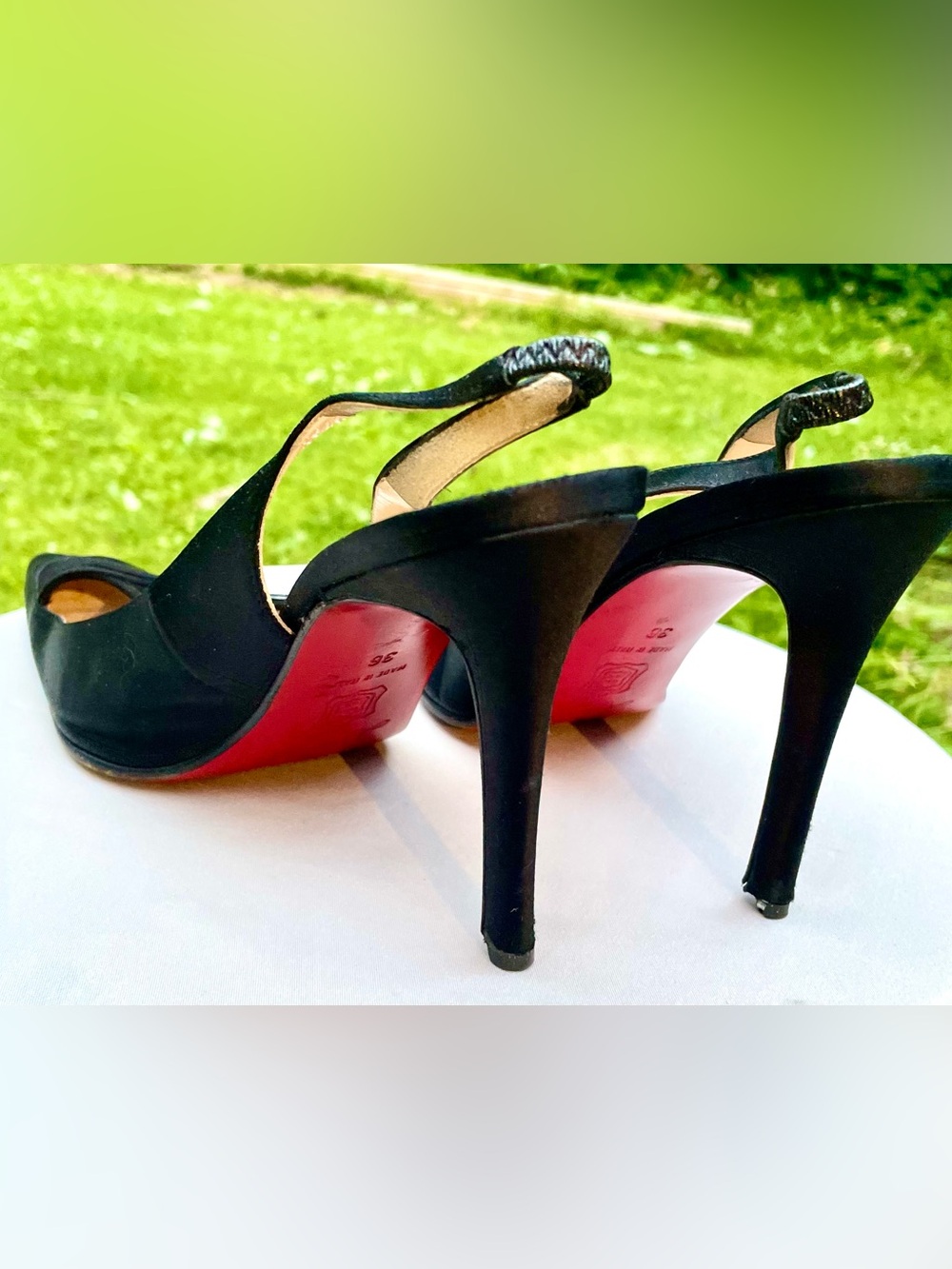 Christian Louboutin Black Satin Pointed-Toe Slingback Pumps Size 6 - Picture 9 of 15